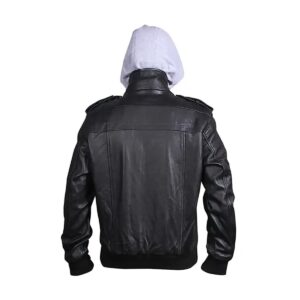 Men Distressed Leather Bomber Hooded Jacket