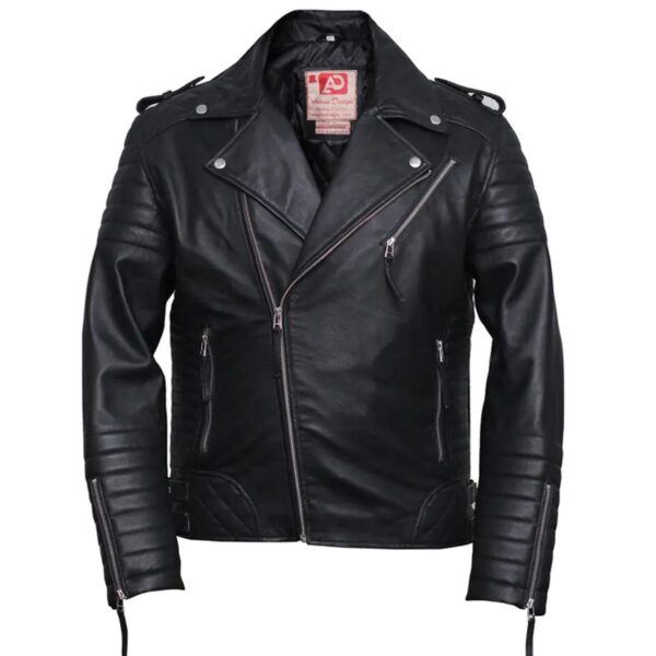 Men Black Diamond Design Motorcycle Leather Jacket - Image 7