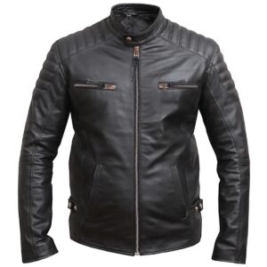 Men Black Distressed Leather Biker Motorcycle Jacket