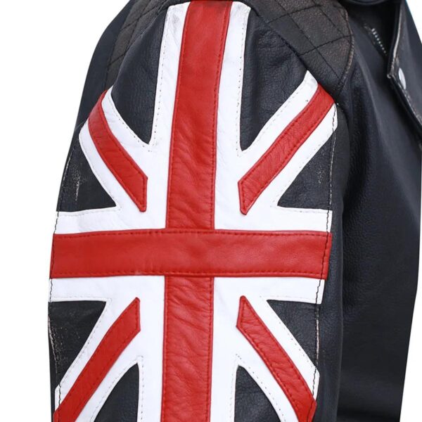 Biker Vintage Black Leather Jacket For Mens with UK Flag - Image 3