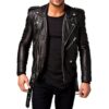 Men Black Slim Fit Biker Genuine Leather Jacket - Image 3