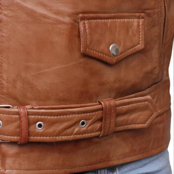 Men Slim Fit Cross Zip Sheepskin Leather Jacket in Brown - Image 6