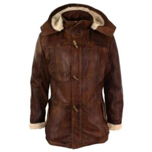 Men Brown Leather Hooded Overcoat