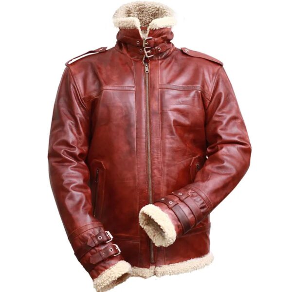 Men Brown Shearling Stand Collar Real Leather Jacket - Image 5