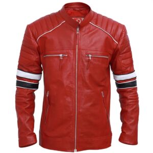 Men Cafe Racer Red Striped Leather Jacket