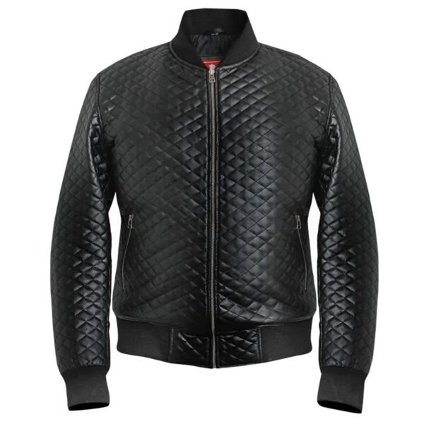 Men Diamond Quilted Black Motorcycle Bomber Jacket - Image 6