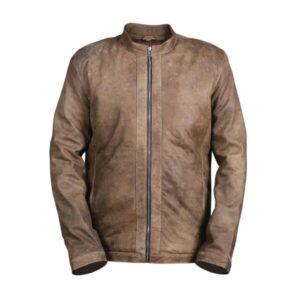 Men Distressed Khaki Motorcycle Leather Jacket