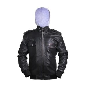 Men Distressed Leather Bomber Hooded Jacket