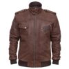 Men Distressed Leather Brown Bomber Hooded Jacket - Image 4