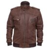 Men Distressed Leather Brown Bomber Hooded Jacket