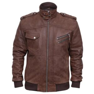 Men Distressed Leather Brown Bomber Hooded Jacket