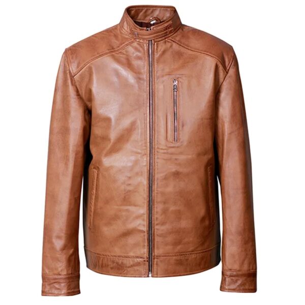 Men Ionic Brown Biker Genuine Leather Jacket - Image 7