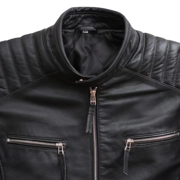 Men Black Distressed Leather Biker Motorcycle Jacket - Image 6