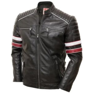 Men Racing Biker Stripes Real Leather Casual Fit Jacket