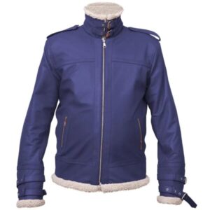 Men Shearling Collar Blue Aviator Leather Jacket