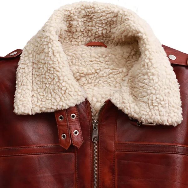 Men Brown Shearling Stand Collar Real Leather Jacket - Image 7