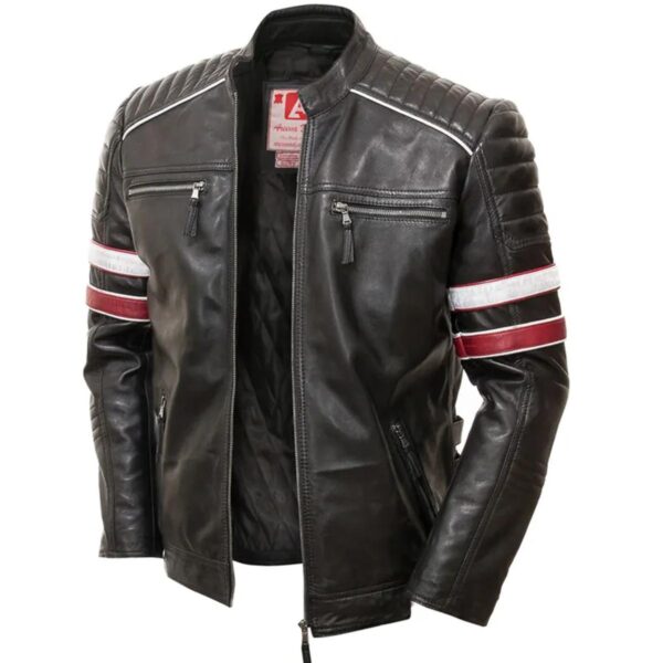 Men Racing Biker Stripes Real Leather Casual Fit Jacket - Image 6