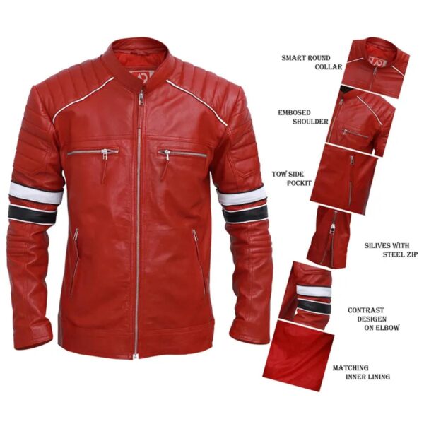 Men Cafe Racer Red Striped Leather Jacket - Image 6