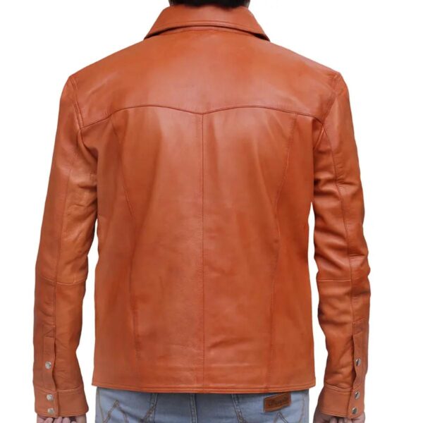 Men Sheepskin Retro Tan Sheepskin Leather Shirt Jacket - Image 5