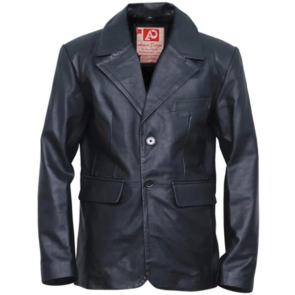 Men Two Buttons Black Leather Blazer - Image 5