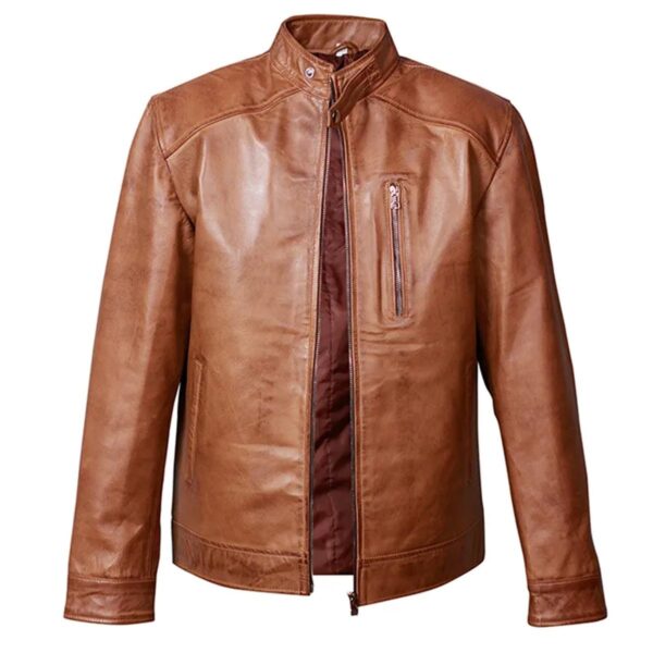 Men Ionic Brown Biker Genuine Leather Jacket - Image 8