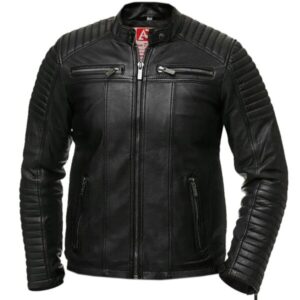 Men Vintage Retro Biker Genuine Leather Jacket in Black