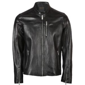 Men Band Collar Biker Leather Jacket