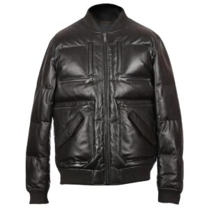 Men Bomber Sheepskin Leather Puffer Jacket Black