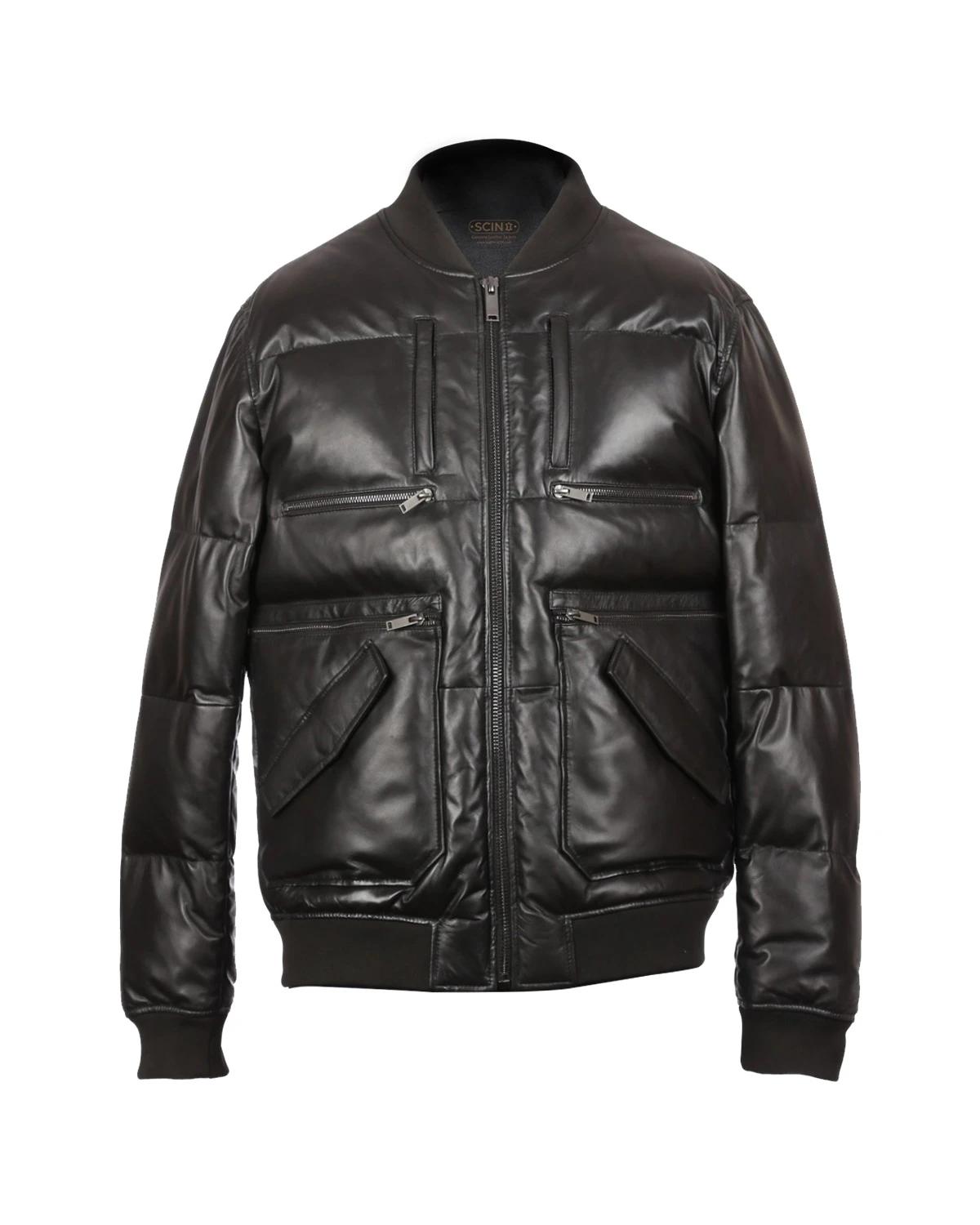 Men’s Bomber Sheepskin Leather Puffer Jacket Black