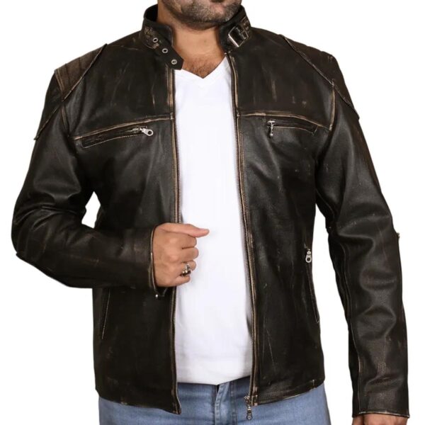 Men Cafe Racer Padded Leather Jacket - Image 5