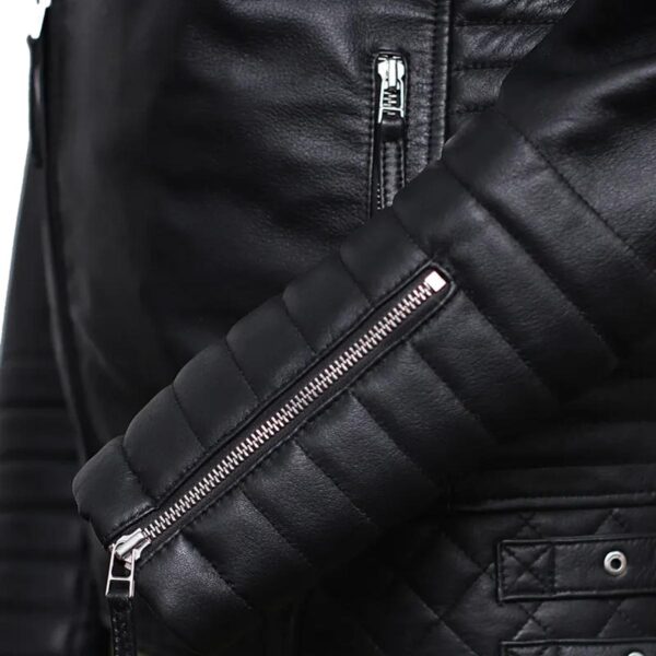 Men Black Diamond Design Motorcycle Leather Jacket - Image 9
