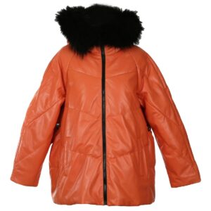 Puffer Leather Coat With Fur Hood