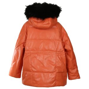 Puffer Leather Coat With Fur Hood