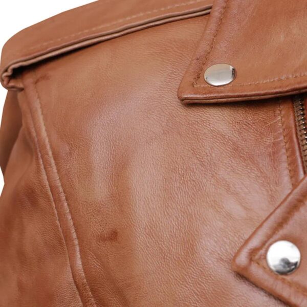 Men Slim Fit Cross Zip Sheepskin Leather Jacket in Brown - Image 8