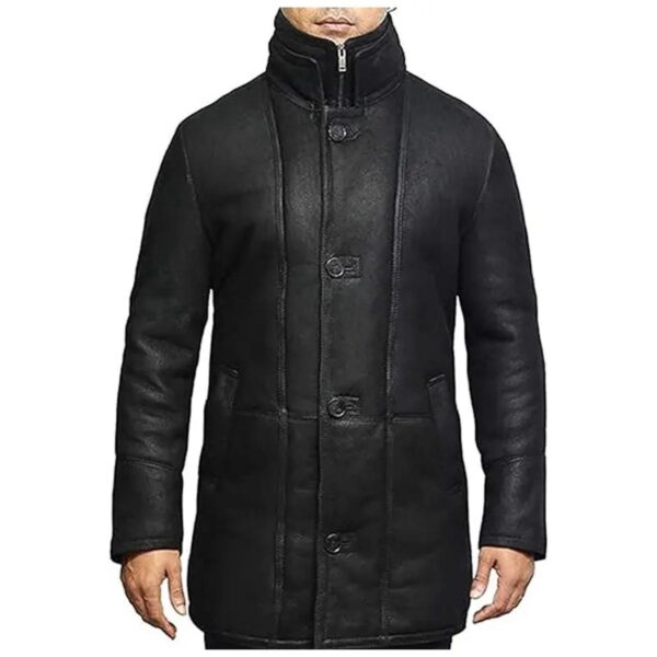 Black Shearling Duffle Leather Trench Coat - Image 5