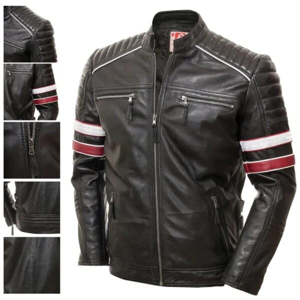 Men Racing Biker Stripes Real Leather Casual Fit Jacket - Image 7