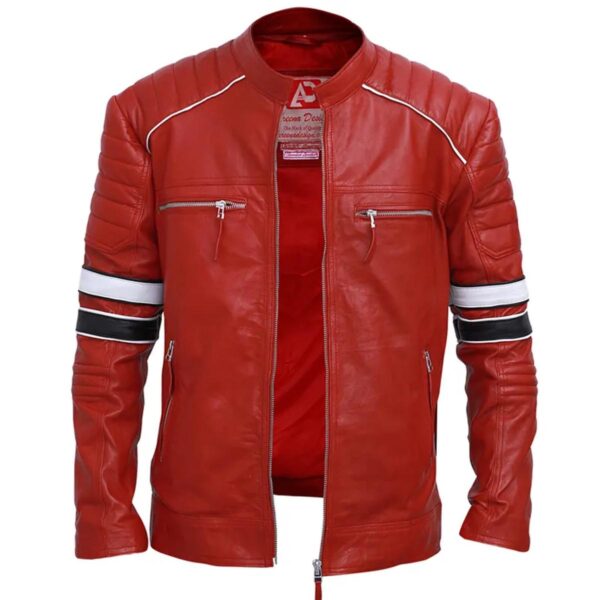 Men Cafe Racer Red Striped Leather Jacket - Image 7