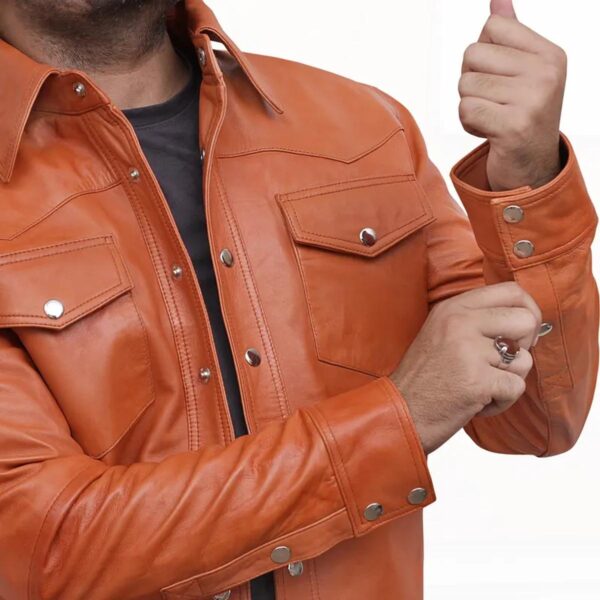 Men Sheepskin Retro Tan Sheepskin Leather Shirt Jacket - Image 6