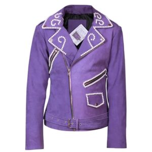 Women Biker Purple Sheepskin Leather Jacket With metallic stud detailing