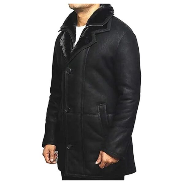 Black Shearling Duffle Leather Trench Coat - Image 6