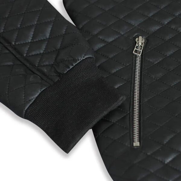 Men Diamond Quilted Black Motorcycle Bomber Jacket - Image 8