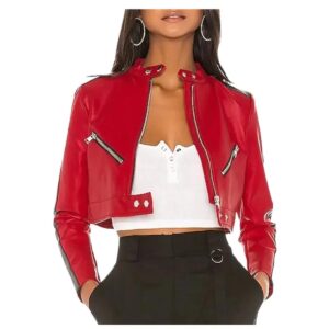 Women Red Cropped Racer Sheepskin Leather Jacket