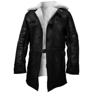Men Black Sheepskin Leather Overcoat with White Interior Fur