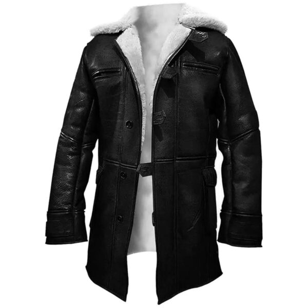 Men Black Sheepskin Leather Overcoat with White Interior Shearling Fur - Image 5