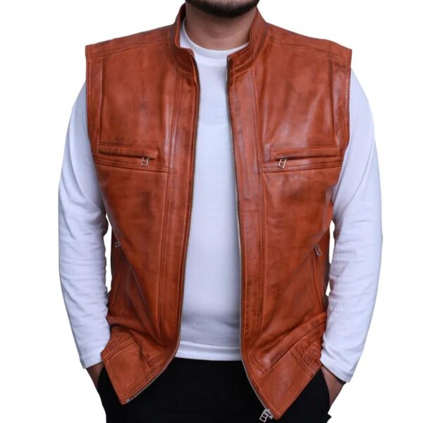 Fashion Men Rocker Rider Motorcycle Brown Leather Vest - Image 6