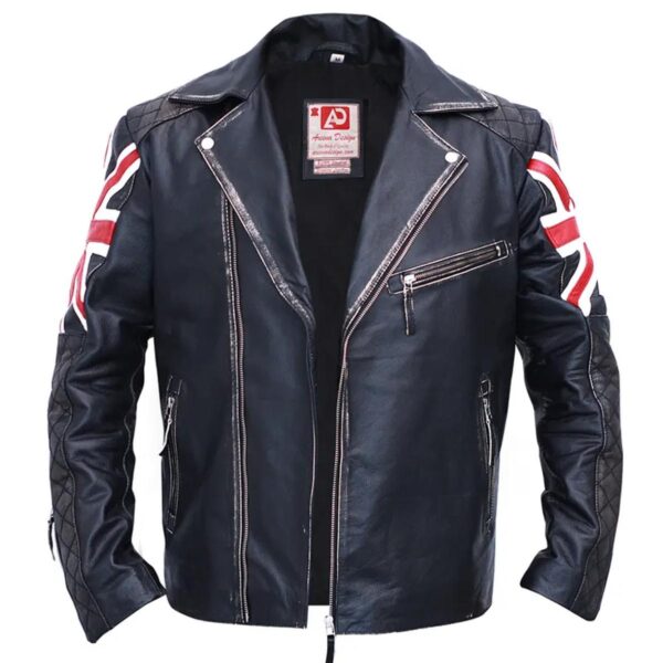 Biker Vintage Black Leather Jacket For Mens with UK Flag - Image 4