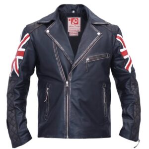 Biker Vintage Black Leather Jacket For Mens with UK Flag