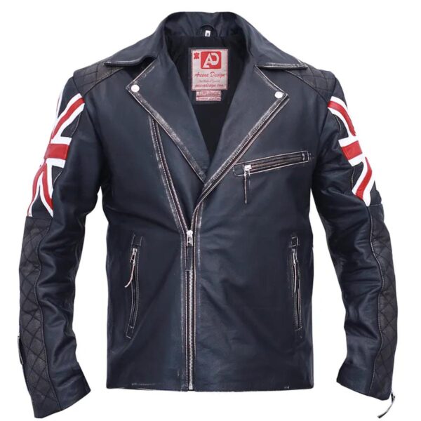 Biker Vintage Black Leather Jacket For Mens with UK Flag - Image 6