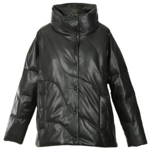 Women Puffer Short Sheepskin Leather Coat in Black