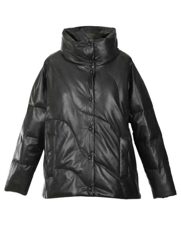 Women's Puffer Short Sheepskin Leather Coat in Black